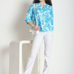 Frempy Floral Print Mandarin Collar Organic Cotton Shirt Style Top-picture-3