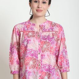 Frempy Floral Print Mandarin Collar Organic Cotton Shirt Style Top-picture-32