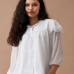 AASK Shirt Collar Puff Sleeves Ruffles Shirt Style Top-picture-20