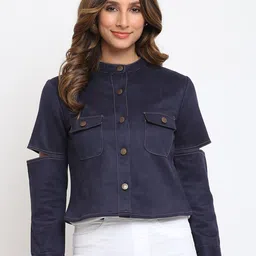 am ma Navy Blue Mandarin Collar Shirt Style Top-image-20