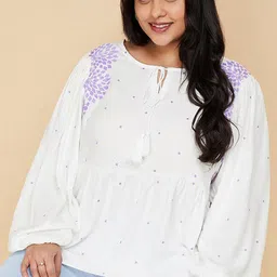 max Plus Size Geometric Embroidered Tie-Up Neck Puff Sleeve Top image 1