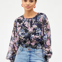 Harpa Floral Printed Round Neck Cuffed Sleeves Crop Top image 1
