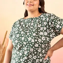 Sztori Plus Size Floral Printed Mandarin Collar Extended Sleeves Crepe Top image 5