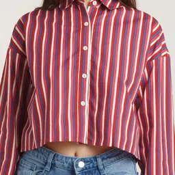 Zink London Purple Striped Shirt Style Crop Pure Cotton Top image 2