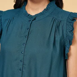 People Teal Blue Self Design Mandarin Collar Gathered Top image 2