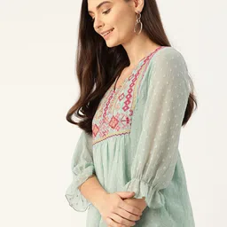 Antheaa Sea Green & Pink Yoke Embroidered Dobby Weave A-Line Top image 3