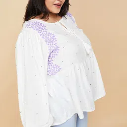max Plus Size Geometric Embroidered Tie-Up Neck Puff Sleeve Top image 3