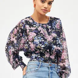 Harpa Floral Printed Round Neck Cuffed Sleeves Crop Top image 3