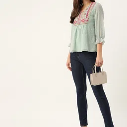 Antheaa Sea Green & Pink Yoke Embroidered Dobby Weave A-Line Top image 5