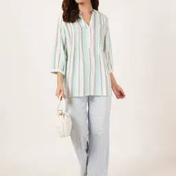 IX IMPRESSION Striped Mandarin Collar Longline Top image 2