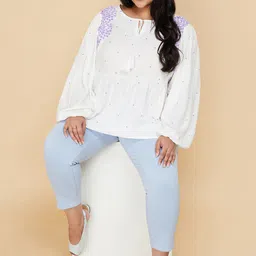 max Plus Size Geometric Embroidered Tie-Up Neck Puff Sleeve Top image 5