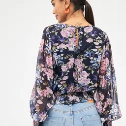 Harpa Floral Printed Round Neck Cuffed Sleeves Crop Top image 5