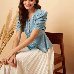 MINT STREET Abstract Woven Design Puff Sleeve V-Neck Jacquard Satin Peplum Top image 4