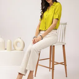 Anouk Solid Roll-Up Sleeves Shirt Style Cotton Top image 2