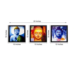 eCraftIndia Set Of 3 Orange & Blue Meditating Buddha Satin Matt Texture UV Wall Art image 2