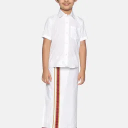 Sethukrishna Boys White & Red Pure Cotton Solid Shirt and Veshti Set-picture-37