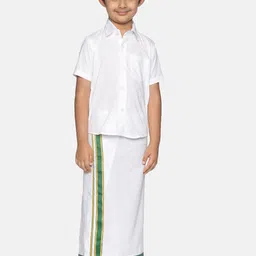 Sethukrishna Boys White & Green Pure Cotton Solid Shirt and Veshti Set-picture-13