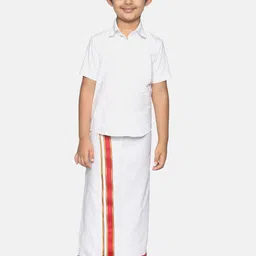 Sethukrishna Boys White Pure Cotton Solid Shirt and Veshti Set-picture-56