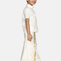 Sethukrishna Boys Cream-Coloured Solid Shirt with Veshti Set image 3
