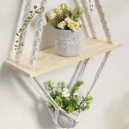 Homesake White Macrame Hanging Wall Shelf With Attached 3-Tier Floating Wooden Planks-image-37