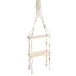 Decazone Beige Wood 2-Tier Macrame Hanging Wall Shelf image 2