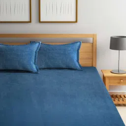 FABINALIV Ice Blue Solid 300 Tc Woollen King Size Double Bedsheet With 2 Pillow Covers-image-1