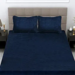 FABINALIV Navy Blue Striped 300 Tc Woollen King Size Double Bedsheet With 2 Pillow Covers-image-78