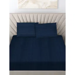 FABINALIV Navy Blue Striped Woollen King Size Fitted Double Bedsheet With 2 Pillow Covers image 1