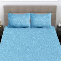 FABINALIV Sky Blue Floral King Size Woollen Embossed Double Bedsheet With 2 Pillow Covers-picture-20