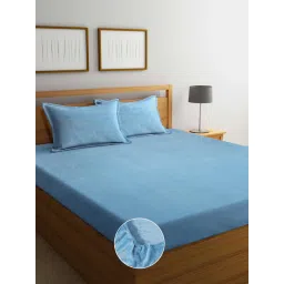 FABINALIV Powder Blue Solid Woollen King Size Fitted Double Bedsheet With 2 Pillow Covers image 1