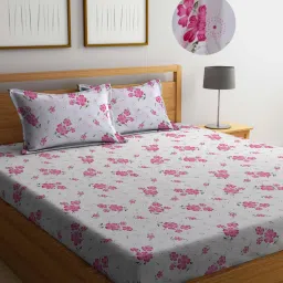 FABINALIV White Floral Cotton Blend King Size Fitted Double Bedsheet With 2 Pillow Covers-picture-21