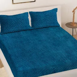 FABINALIV Teal Geometric Woollen Embosed Double Bedsheet with 2 Pillow Covers (King)-picture-19