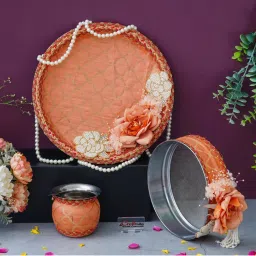 eCraftIndia Orange Floral Decorative Stainless Steel Karwa Chauth Thali-picture-23