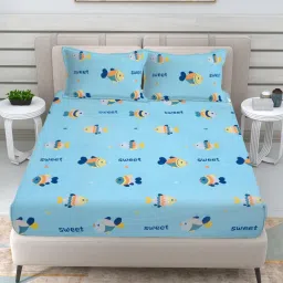 FABINALIV Blue Cartoon Print Cotton Blend King Double Bedsheet with 2 Pillow Covers-picture-11