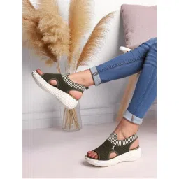 Carlton London Women Stretch Knit Comfort Olive Platform Sandals-image-24