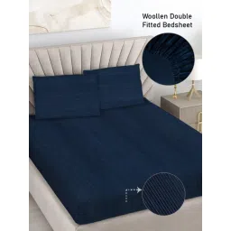 FABINALIV Navy Blue Striped Woollen King Size Fitted Double Bedsheet With 2 Pillow Covers image 2