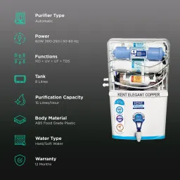 KENT Elegant Copper 8L RO + UF + UV-in-tank + TDS + Copper Water Purifier with Overflow Protection (White) image 3