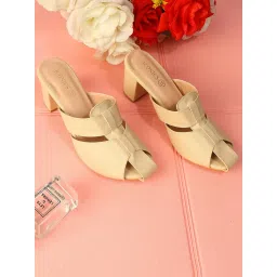 Iconics Women Beige Comfortable Style Woven Strap Block Sandal Heels image 3