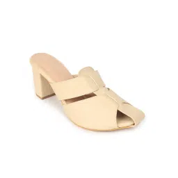 Iconics Women Beige Comfortable Style Woven Strap Block Sandal Heels image 4