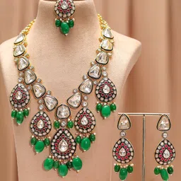 Rubans 22K Gold-Plated Kundan & Ruby Stone Studded & Green Beaded Bridal Necklace Set image 3