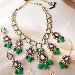 Rubans 22K Gold-Plated Kundan & Ruby Stone Studded & Green Beaded Bridal Necklace Set image 2