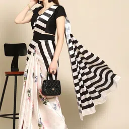 ODETTE Striped Satin Saree With Blouse Piece-picture-15