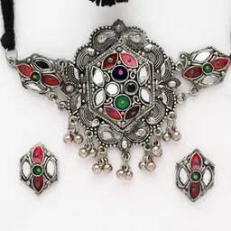 Moedbuille Silver-Plated Mirrors-Studded & Beaded Oxidised Jewellery Set image 5