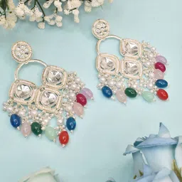 MEIRA JEWELLERY Silver Plated Kundan Stones Studded & Pearls Beaded Circular Drop Earrings-picture-22