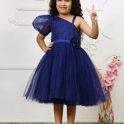 Toy Balloon Kids Girls Navy Blue Puff Sleeve Net Fit and Flare Midi Dress-picture-18