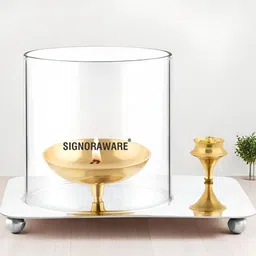 SignoraWare Gold Toned & Transparent Aarti Diya Medium With Glass Cover image 2