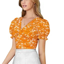 SZN Floral Print Puff Sleeve Wrap Crop Top image 4