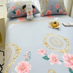 JC HOME Grey & Blue Floral 140 TC King Bedsheet with 2 Pillow Covers image 2