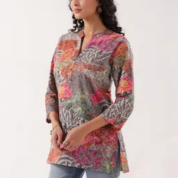 JISORA Floral Print Mandarin Collar Roll-Up Sleeves Cotton Top image 5