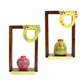 aakriti art creations Madhubani Set of 2 Wood & Terracotta Wall Shelf with Vase image 5